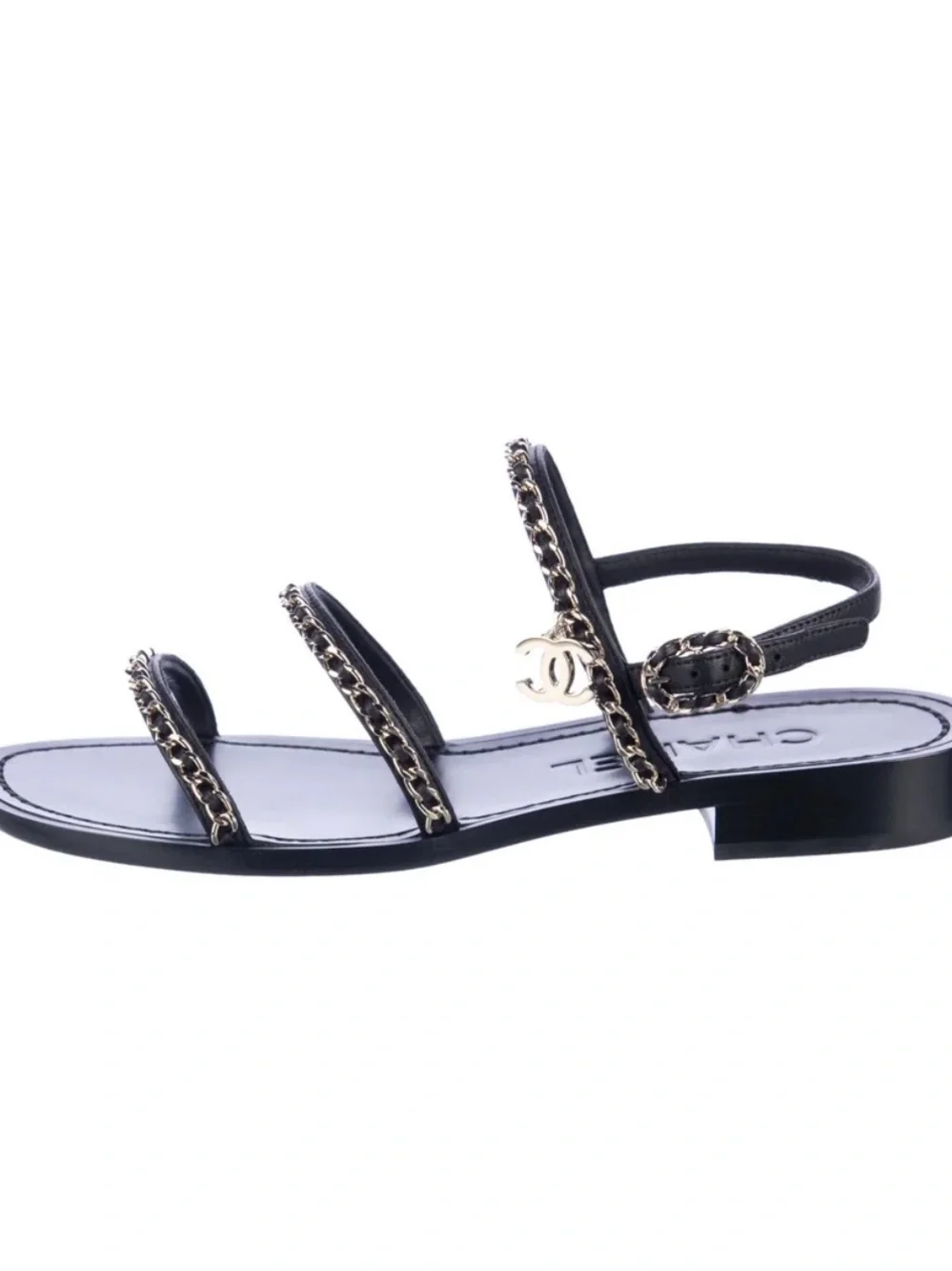 CHANEL Black Leather Chain-Strap Sandals with Gold CC Charm